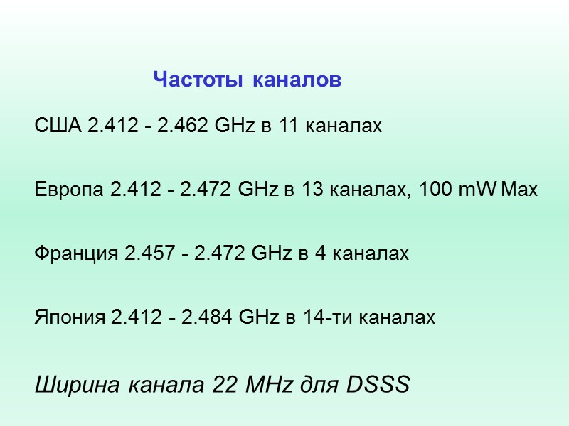 США 2.412 - 2.462 GHz в 11 каналах  Европа 2.412 - 2.472 GHz